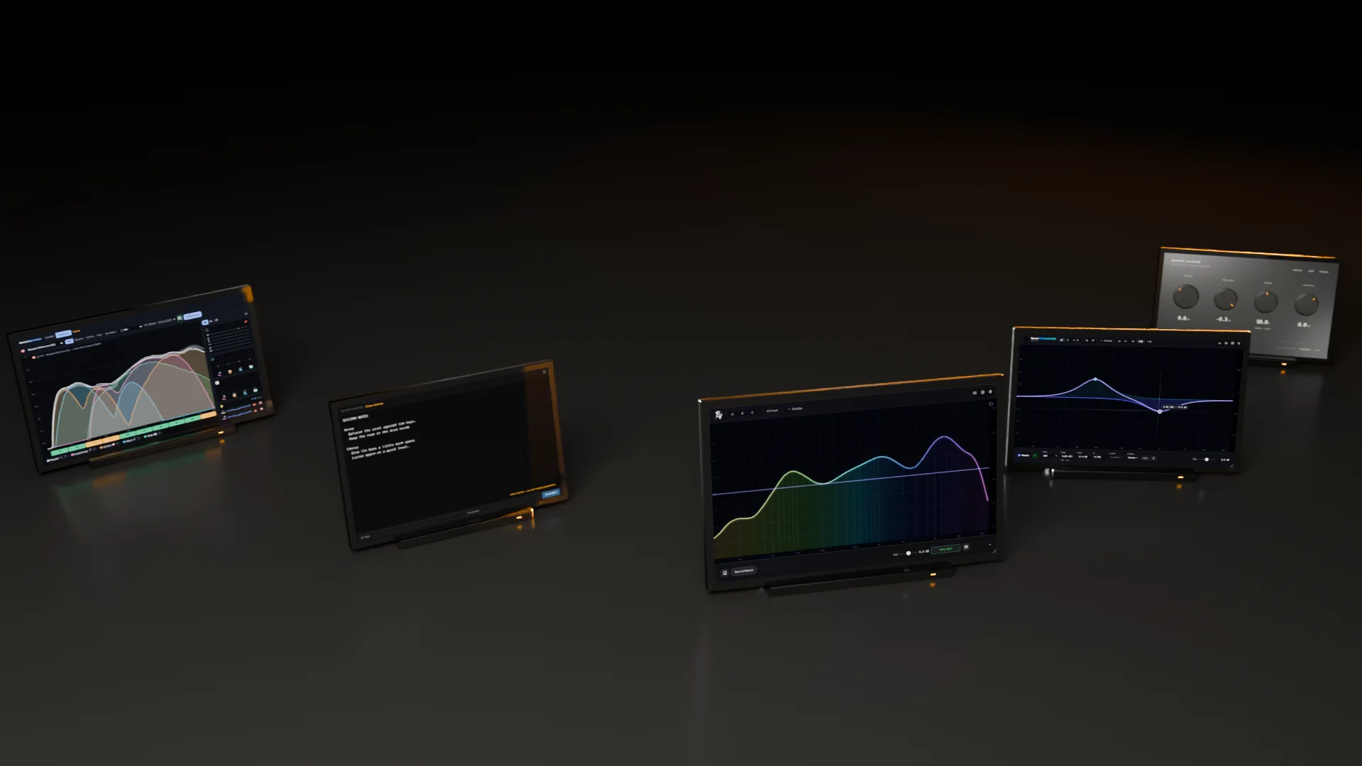 Fünf Plugins von Secret Audio als Studio-Hardware, jedes mit seiner echten Oberfläche